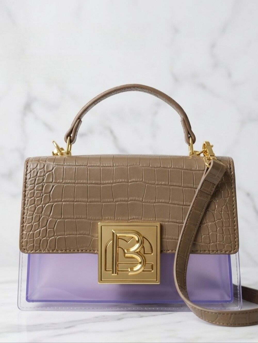 Chic Women's Crocodile-Embossed Clear Taupe Top-Handle Bag